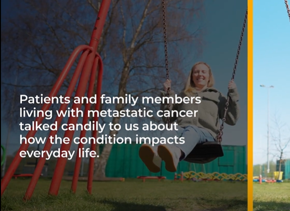 A lady swinging on a swing and  some text featured on the screen