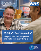 Poster for NHS and Roy Castle Lung Cancer Foundation featuring two individuals smiling and interacting.