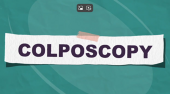 Graphic banner with the word 'COLPOSCOPY' in bold, white letters on a teal background.