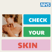 NHS promotional image featuring a person examining their skin with text blocks reading "Check Your Skin."