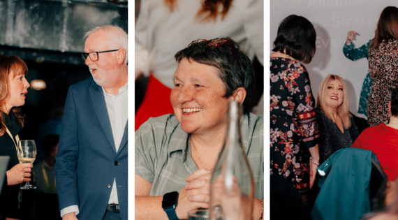 Collage of three images one with a male speaking to a female, second of a lady smiling and the third of two females speaking in a room of people