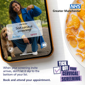 A breakfast table with a bowl of cornflakes and a mobile phone the screen saver features a photo of South Asian woman 