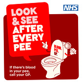 A brightly coloured toilet cartoon character. A speech bubble says “Look and see after every pee.” 