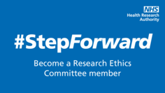 blue background with #Step forward and become a research ethics committee member in white text