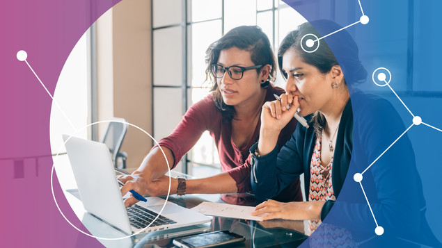 Two people in front of a computer in a circle with purple and blue curved borders