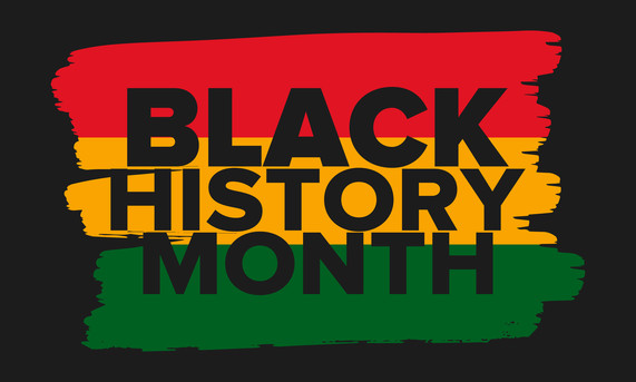 Decorate image reading 'Black History Month' with green, red and yellow colour slashes on a black background. 