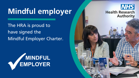 A tile with a blue background. White text reads 'Mindful employer. The HRA is proud to have signed the Mindful Employer Charter.' 