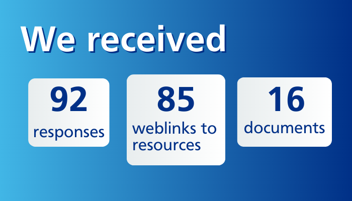 We received 92 responses, 85 weblinks to resources, 16 documents