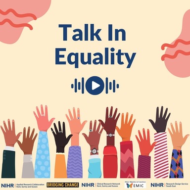 Illustration of many hands with the words 'talk in equality' and a 'play' icon 