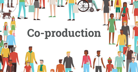 Illustration showing the word co-production against a background of a lot of different people
