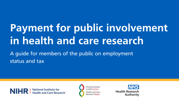 Blue image that says 'payment for public involvement in health and care research' and has logos from NIHR, Health and Care Wales and the HRA