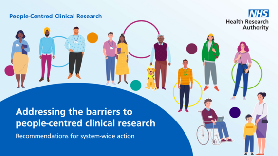 Graphic with cartoon people. Text says people-centred clinical research