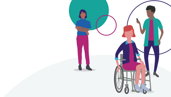 an illustration of a person with tattoos, a teenager on a phone and a lady in a wheelchair