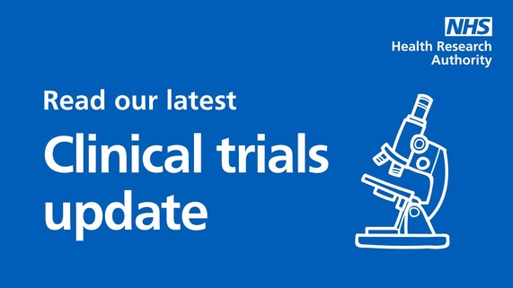 A graphic with a picture of a microscope. It says 'Clinical Trials update'