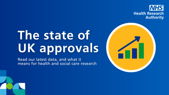 A graphic. It says ' The state of UK approvals. Read our latest data, and what it means for health and social care research'