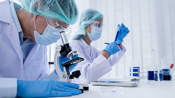 people looking down microscopes in a lab.