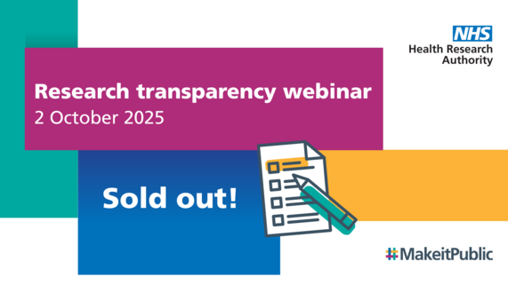 A graphic which says the HRA's upcoming research transparency webinar on sharing results with participants is now sold out