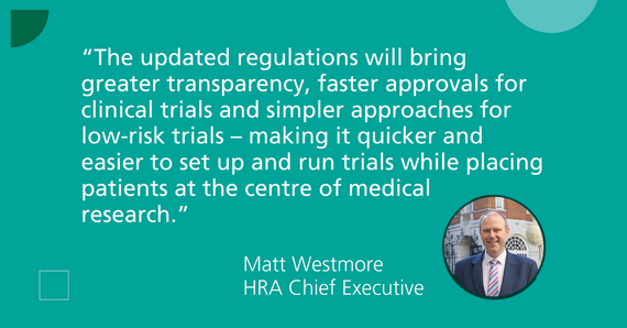A quote by HRA Chief Executive, Matt Westmore, about the changes to clinical trials regulations