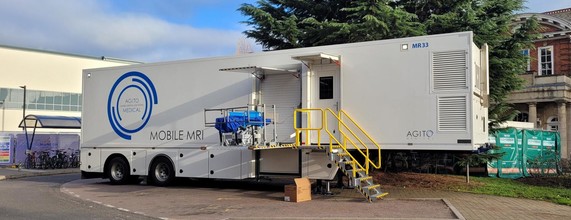 Agito mobile MRI unit at front of Trust HQ