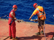 Temperature, salinity, pressure and oxygen sensors being attached to the mooring wire