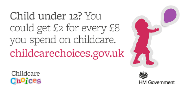 Image of a child playing with a balloon and the words 'child under 12? You could get £2 for every £8 you spend on childcare'.