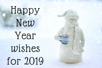 Happy new year wishes for 2019 with a snowman holding a hot drink in a mug