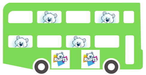Cartoon RuFIS travelling on a green bus
