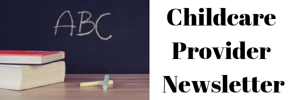 Childcare Provider Newsletter in black, with a chalkboard and ABC written in yellow chalk. 2 books sat on a desk infront of the board. 