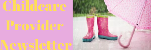 Childcare Provider Newsletter Header, with wellies and an umbrella and is light purple and yellow. 