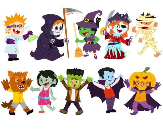 Animated image of children dressed up in a variety of Halloween costumes