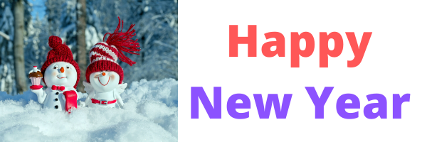 2 Porcelain people in the snow wearing winter hats, 1 holding a cake with the words 'happy new year' 