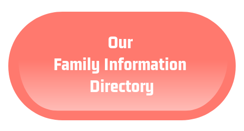 Light red cylinder shape with the words 'Our Family Information Directory' in white in the middle