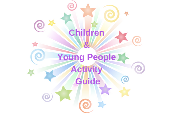 Coloured stars and swirls with the words 'Children and Young People Activity Guide' in purple