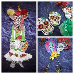 3 children's drawings of sugar skulls