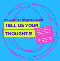 Graphic with a blue background with the text in purple and reads Tell us your thoughts