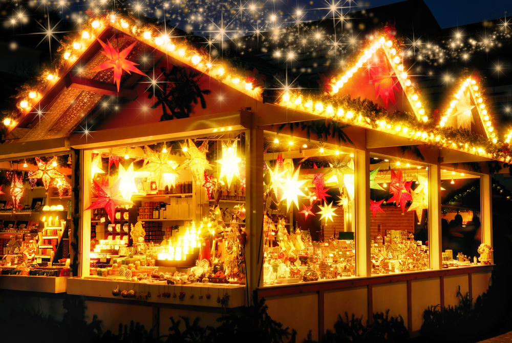 Illuminated stall at a Christmas fair.