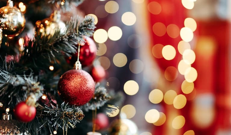Close up of baubles on a Christmas tree 
