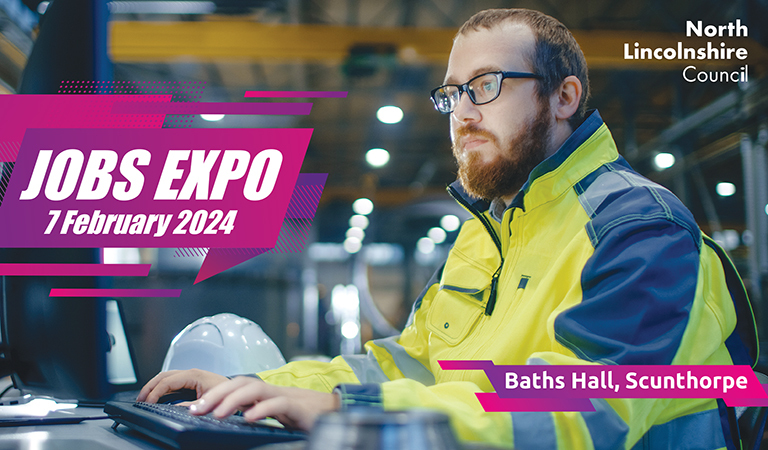 Graphic with a photo of a man in high vis at a desk advertising the next Jobs Expo