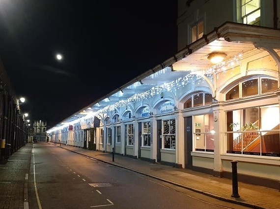 Butcher's row lit up by Christmas lights