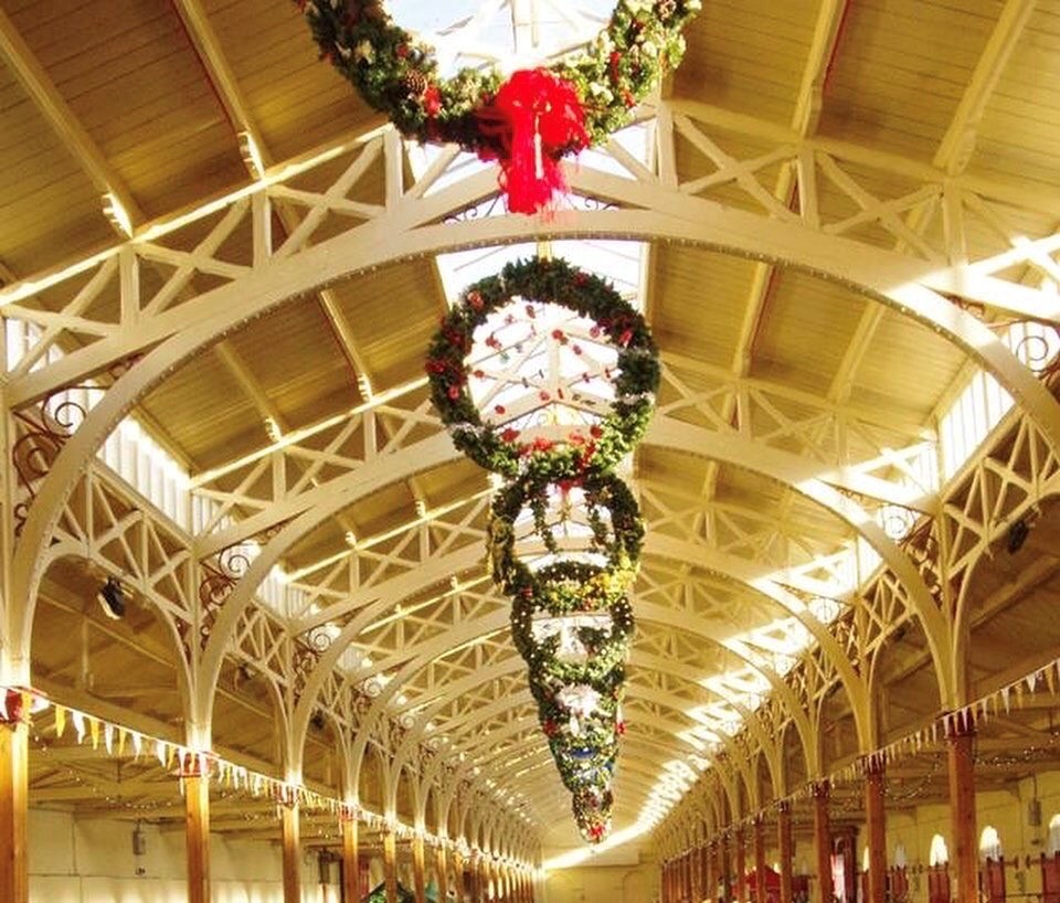 Barnstaple Pannier Market ceiling with Christmas wreaths
