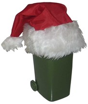 Green wheelie bin wearing a Christmas hat