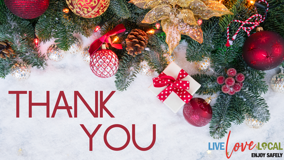 Banner showing words 'thank you' and image of Christmas cones and candles