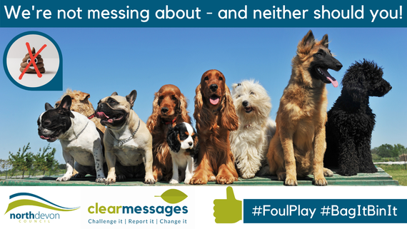 Various dogs sitting nicely facing the camera with Clear Messages campaign logo