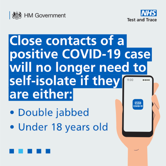Close contacts of a positive case of covid-19 no longer have to self isolate if they are double jabbed or under 18