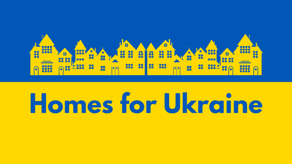 Ukraine flag with graphic of houses and words 'home for ukraine'