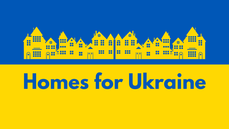 Ukraine flag with graphic of houses and words 'home for ukraine'