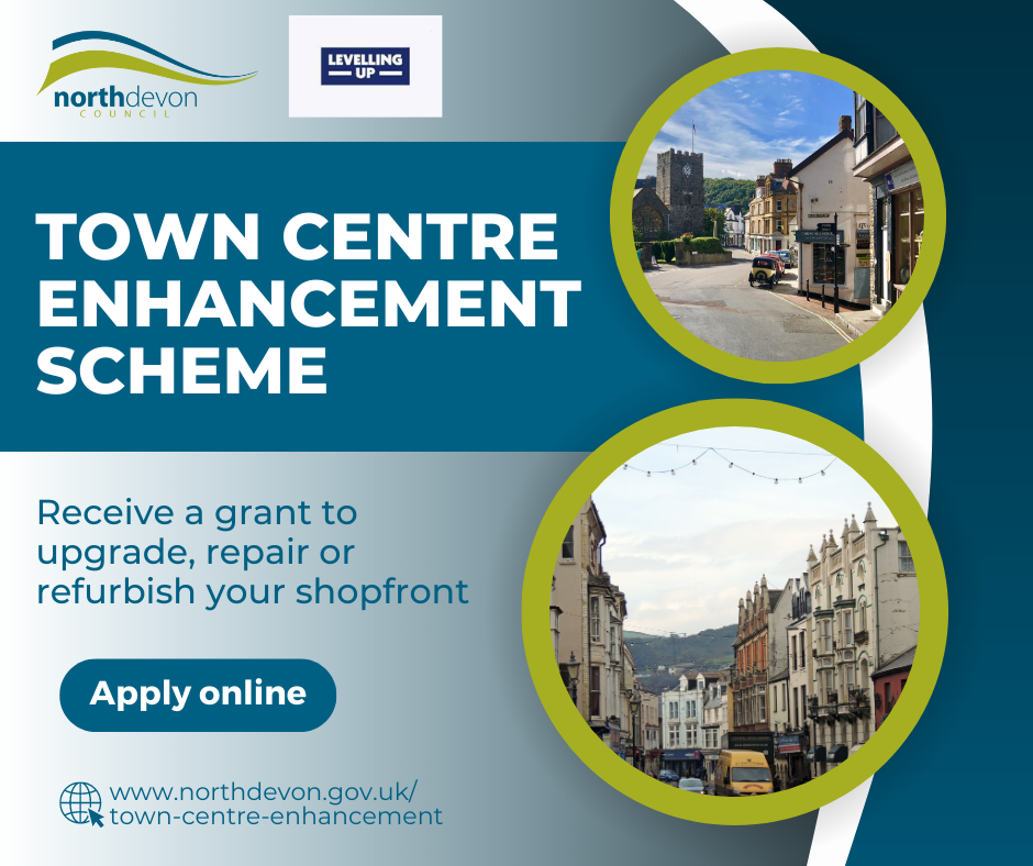 Graphic showing Ilfracombe high street and Lynton high street and the words Enhancement Town Centre Scheme