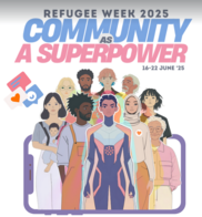 Refugee week graphic showing a group of people standing together
