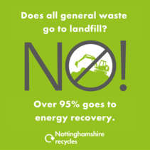 image text reads does all general waste go to landfill? No, over 95% goes to energy recovery. Includes silhouette of machinery.