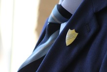 school uniform , close up of school tie, shirt and blazer with gold logo